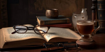 Książka i okulary na stole, symbolizujące badanie historii Bełchatowa.